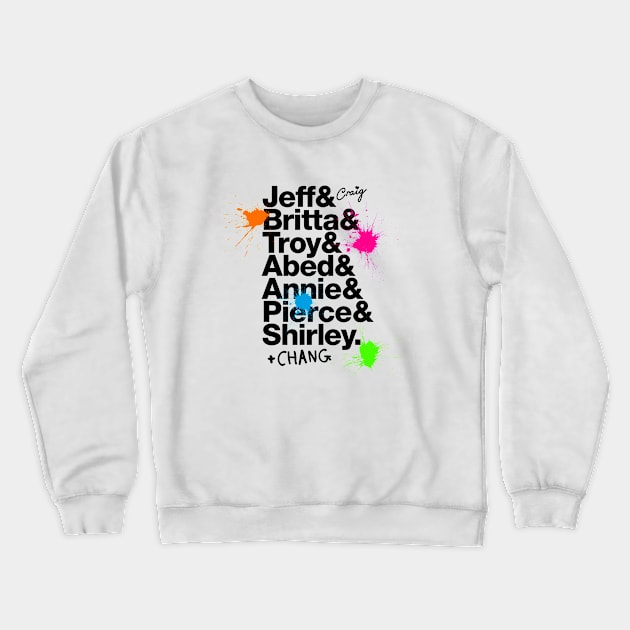 Community Roll Call – character names and paintballs Crewneck Sweatshirt by thedesigngarden